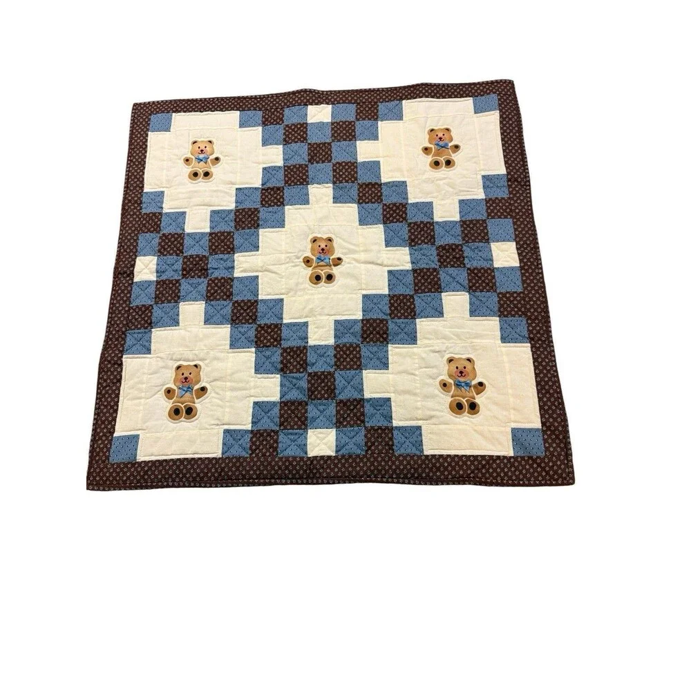 Handmade Teddy Bear Baby Quilt Blanket Blue Brown Patchwork 32x32